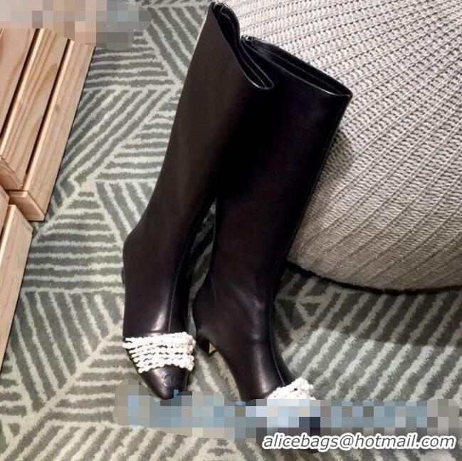 Buy Cheap Chanel Calfskin Pearl Bead Charm Heel 40 High Boots C2926 Black 2020