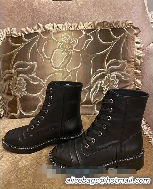 Cheapest Chanel Calfskin Embroidered CC Ankle Boots with CC Chain Charm C2933 Black 2020