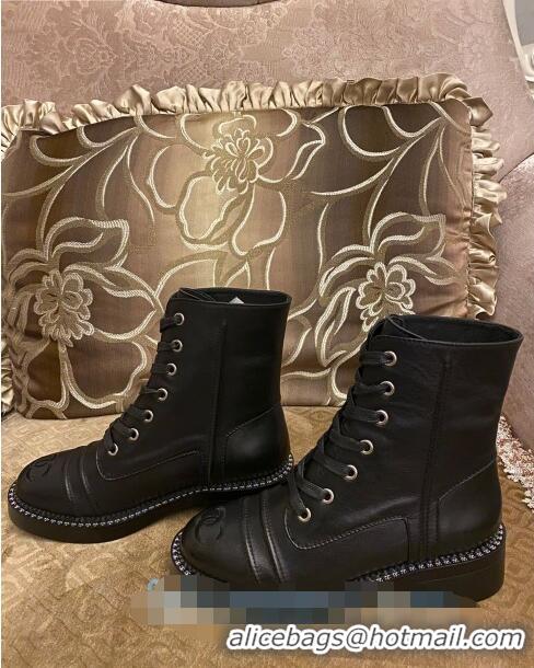 Cheapest Chanel Calfskin Embroidered CC Ankle Boots with CC Chain Charm C2933 Black 2020