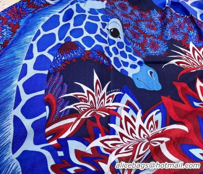 Feminine Hermes Silk and Cashmere Giraffe Square Scarf 140x140cm H2080818 Blue/White 2020