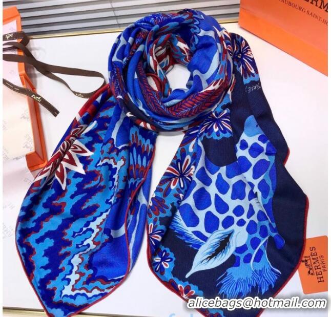 Feminine Hermes Silk and Cashmere Giraffe Square Scarf 140x140cm H2080818 Blue/White 2020