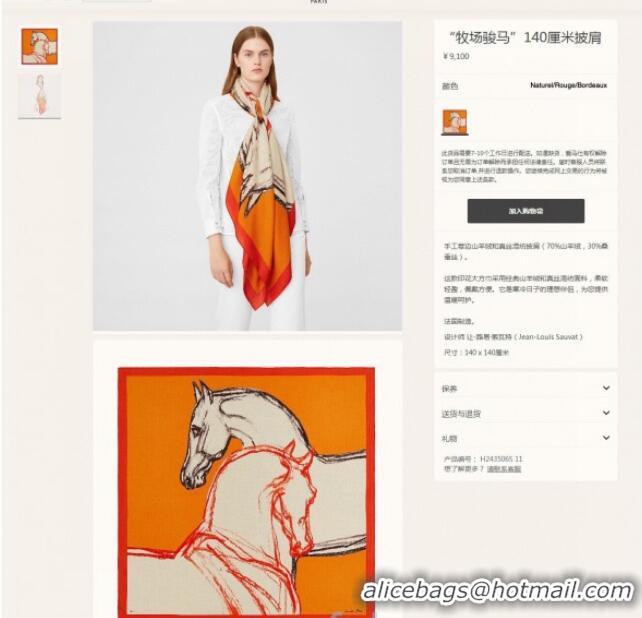 Durable Hermes Horse Silk & Cashmere Square Scarf 140x140cm H2081007 Orange 2020