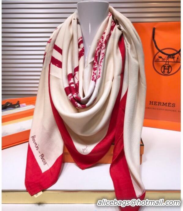 Fashion Hermes Horse Silk & Cashmere Square Scarf 140x140cm H2081010 Beige 2020