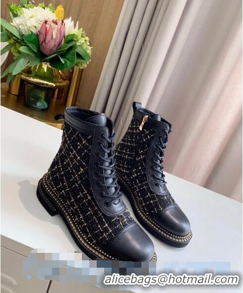 Top Quality Chanel Check Tweed Chain Side Ankle Boots C3123 Black 2020