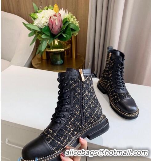 Top Quality Chanel Check Tweed Chain Side Ankle Boots C3123 Black 2020