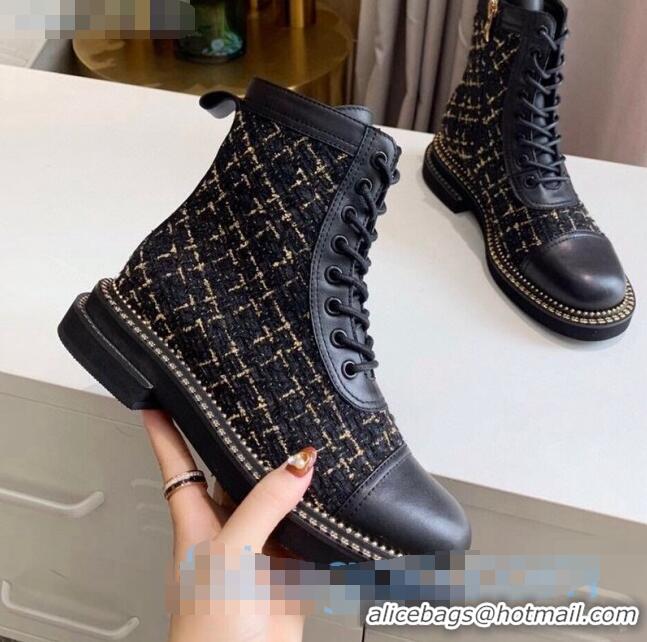 Top Quality Chanel Check Tweed Chain Side Ankle Boots C3123 Black 2020