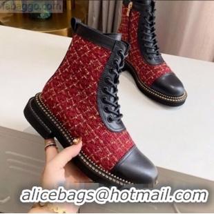 Luxury Cheap Chanel Check Tweed Chain Side Ankle Boots C3123 Red 2020