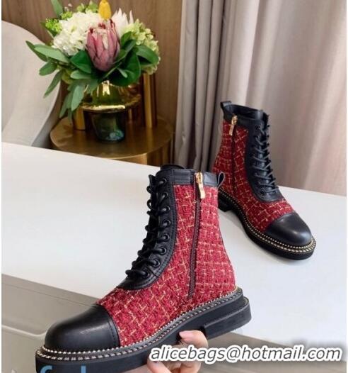 Luxury Cheap Chanel Check Tweed Chain Side Ankle Boots C3123 Red 2020