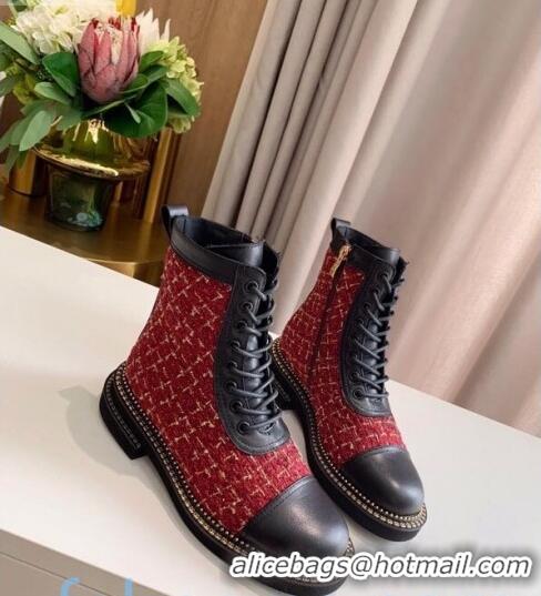 Luxury Cheap Chanel Check Tweed Chain Side Ankle Boots C3123 Red 2020