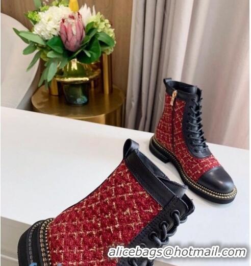 Luxury Cheap Chanel Check Tweed Chain Side Ankle Boots C3123 Red 2020