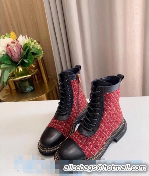 Luxury Cheap Chanel Check Tweed Chain Side Ankle Boots C3123 Red 2020