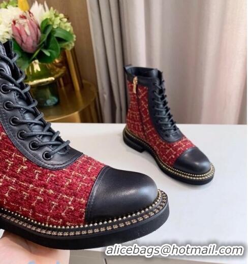 Luxury Cheap Chanel Check Tweed Chain Side Ankle Boots C3123 Red 2020