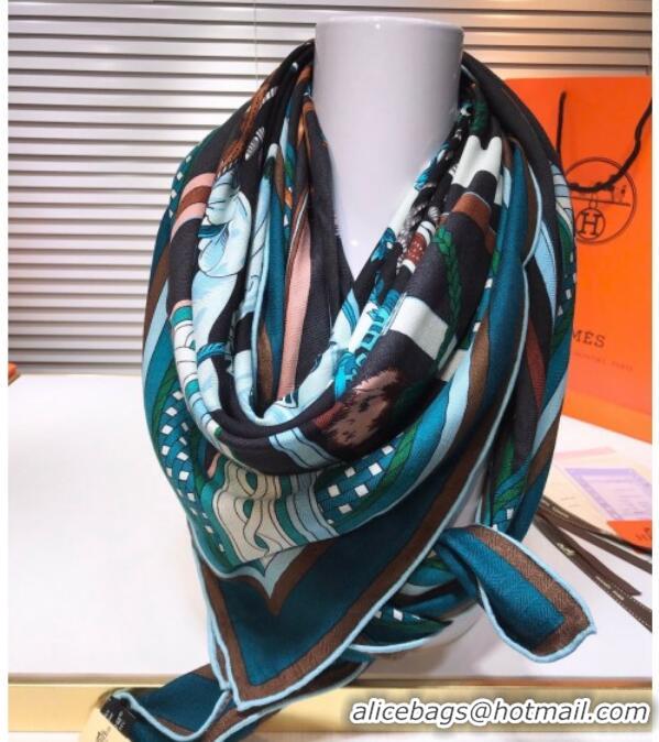 Sumptuous Hermes Silk and Cashmere Square Scarf 140x140cm H2081015 Peacock Blue 2020