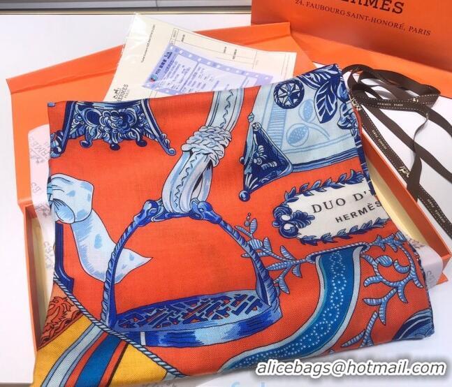 Grade Hermes Silk and Cashmere Square Scarf 140x140cm H2081017 Orange/Yellow 2020