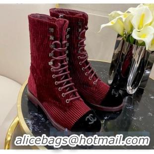 Hot Sell Chanel Corduroy Lace-up Medium-High Boots G34953 Red 2020