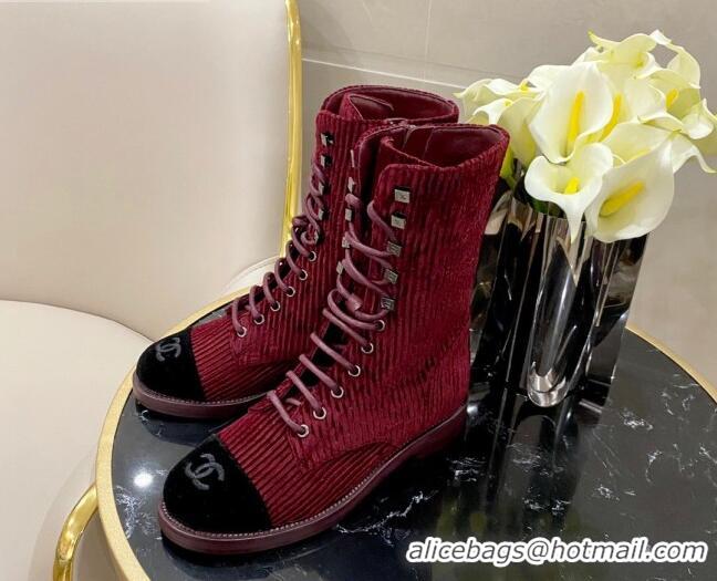 Hot Sell Chanel Corduroy Lace-up Medium-High Boots G34953 Red 2020