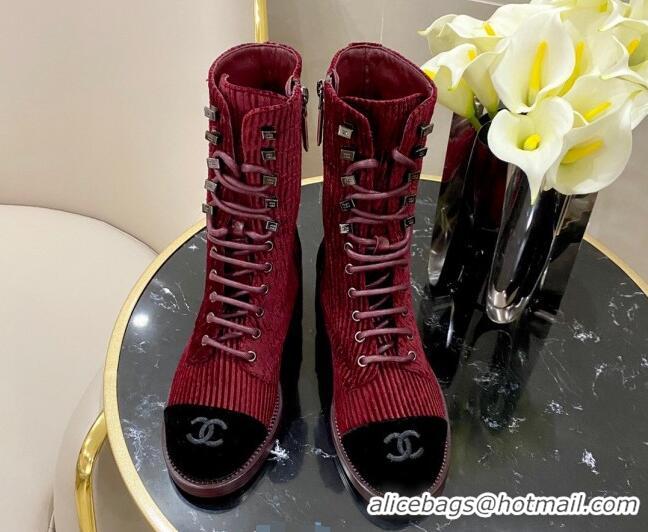 Hot Sell Chanel Corduroy Lace-up Medium-High Boots G34953 Red 2020