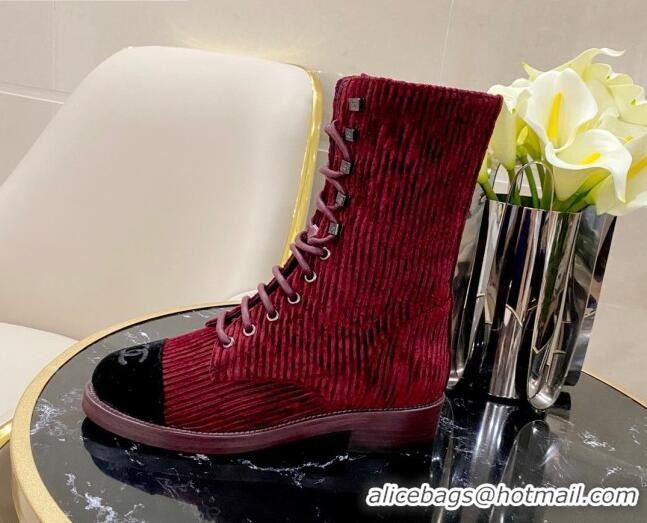 Hot Sell Chanel Corduroy Lace-up Medium-High Boots G34953 Red 2020