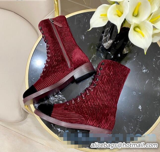 Hot Sell Chanel Corduroy Lace-up Medium-High Boots G34953 Red 2020