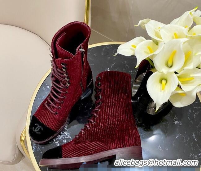 Hot Sell Chanel Corduroy Lace-up Medium-High Boots G34953 Red 2020