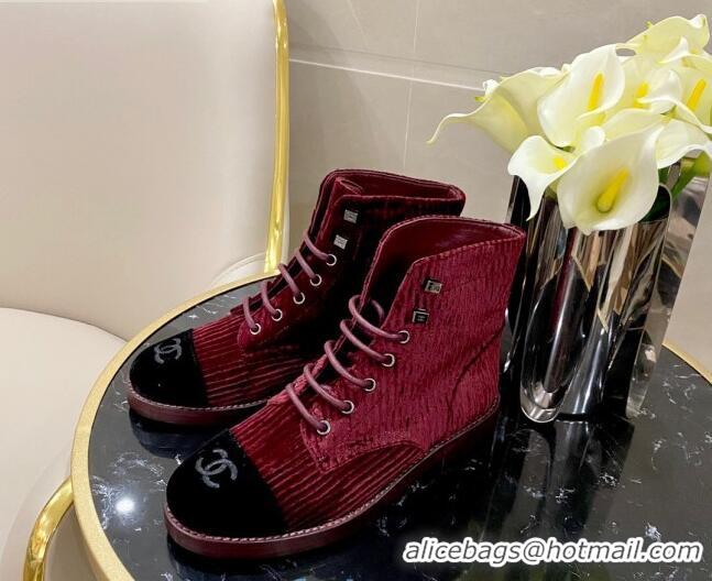 New Style Chanel Corduroy Lace-up Ankle Boots G34953 Red 2020