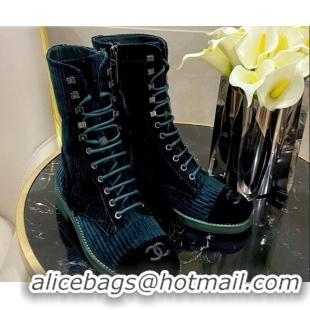 Top Quality Chanel Corduroy Lace-up Medium-High Boots G34953 Blue 2020