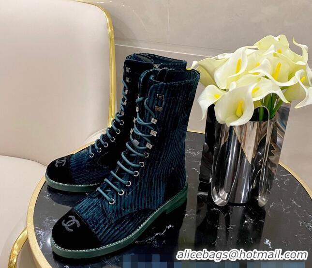 Top Quality Chanel Corduroy Lace-up Medium-High Boots G34953 Blue 2020