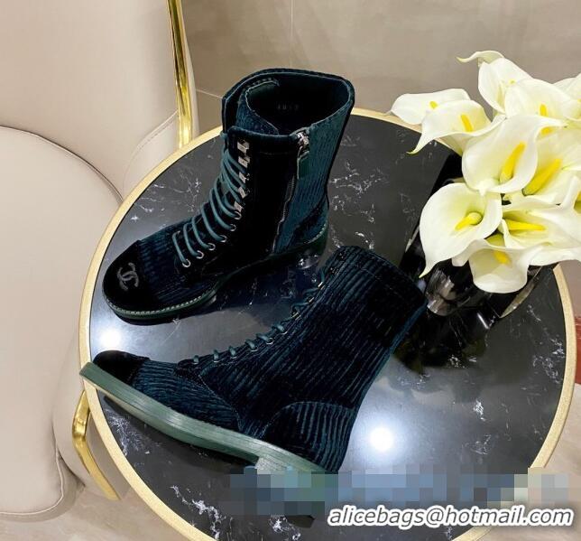 Top Quality Chanel Corduroy Lace-up Medium-High Boots G34953 Blue 2020