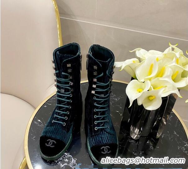 Top Quality Chanel Corduroy Lace-up Medium-High Boots G34953 Blue 2020