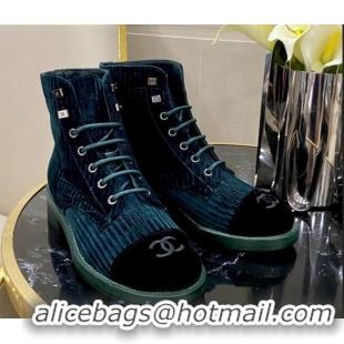 Low Cost Chanel Corduroy Lace-up Ankle Boots G34953 Blue 2020