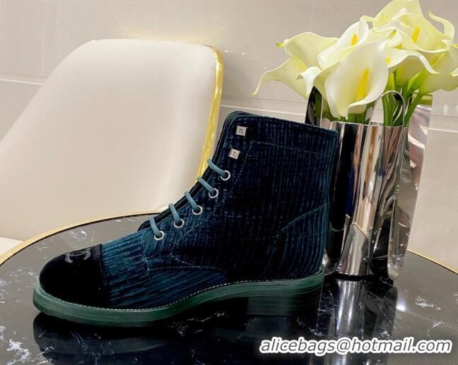 Low Cost Chanel Corduroy Lace-up Ankle Boots G34953 Blue 2020