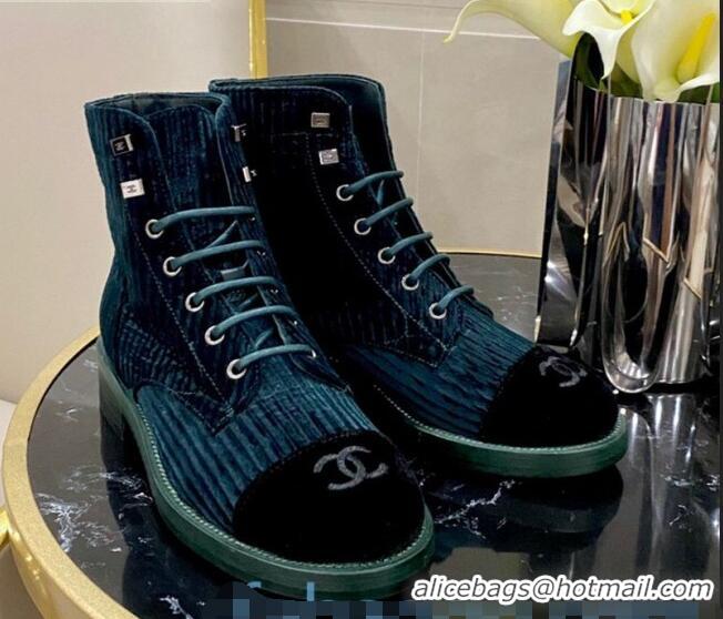 Low Cost Chanel Corduroy Lace-up Ankle Boots G34953 Blue 2020