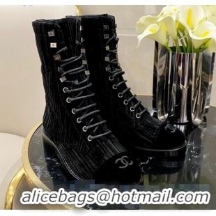 Imitation Chanel Corduroy Lace-up Medium-High Boots G34953 Black 2020