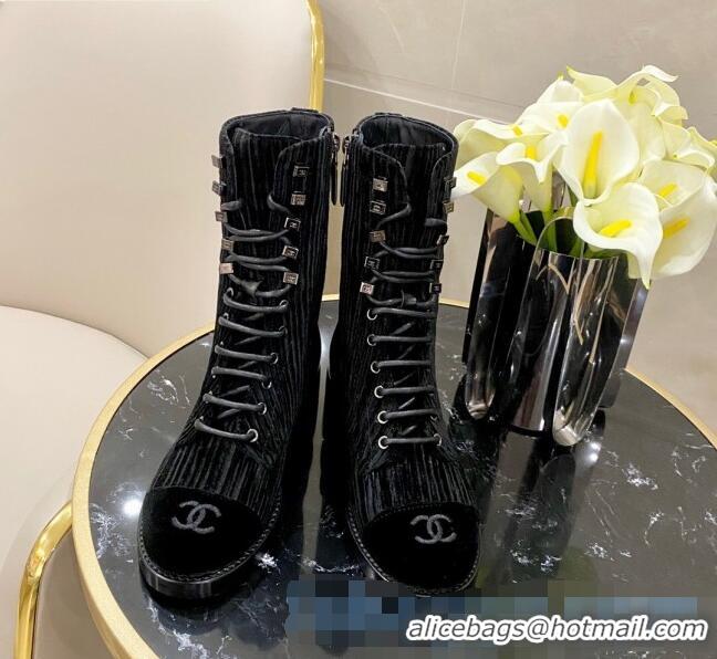 Imitation Chanel Corduroy Lace-up Medium-High Boots G34953 Black 2020