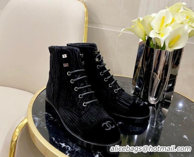 Imitation Chanel Corduroy Lace-up Medium-High Boots G34953 Black 2020