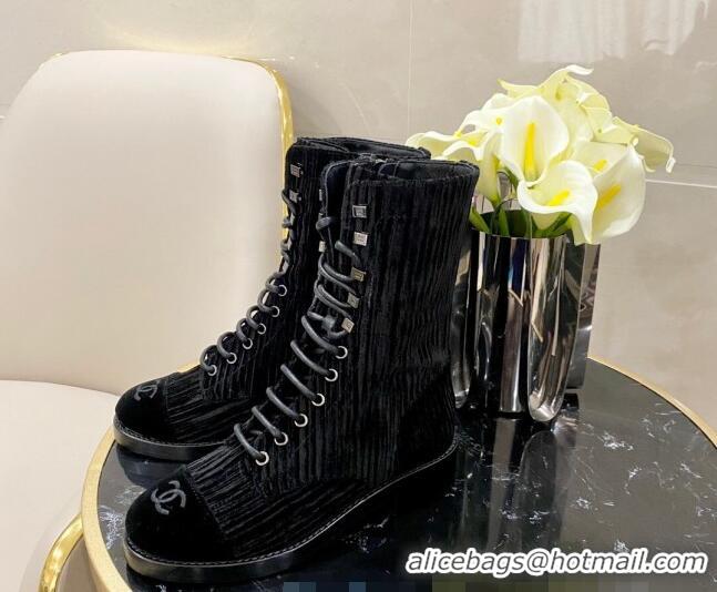 Imitation Chanel Corduroy Lace-up Medium-High Boots G34953 Black 2020