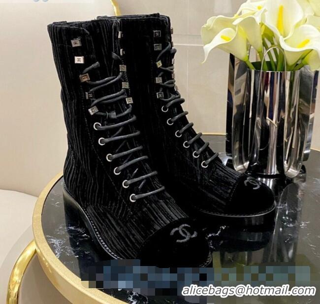 Imitation Chanel Corduroy Lace-up Medium-High Boots G34953 Black 2020