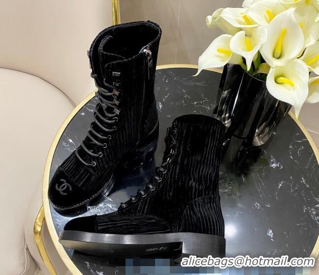 Imitation Chanel Corduroy Lace-up Medium-High Boots G34953 Black 2020