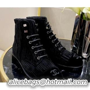 Buy Discount Chanel Corduroy Lace-up Ankle Boots G34953 Black 2020