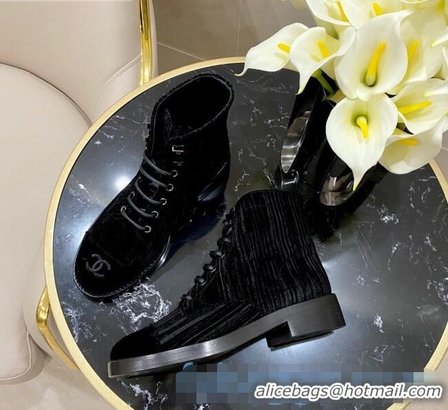 Buy Discount Chanel Corduroy Lace-up Ankle Boots G34953 Black 2020