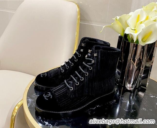 Buy Discount Chanel Corduroy Lace-up Ankle Boots G34953 Black 2020