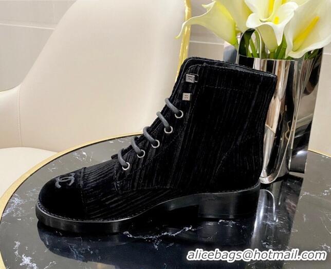 Buy Discount Chanel Corduroy Lace-up Ankle Boots G34953 Black 2020