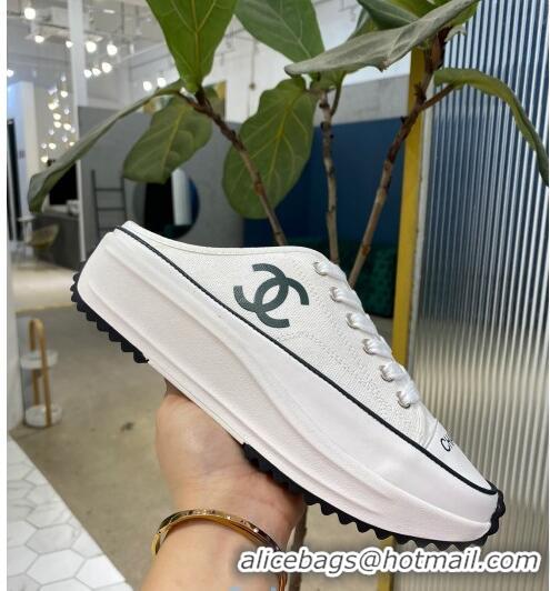 Stylish Chanel Canvas Platform Open Back Sneakers Mules C09131 White 2020