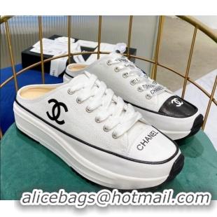 Wholesale Chanel Canvas Platform Open Back Sneakers Mules C0912 White 2020