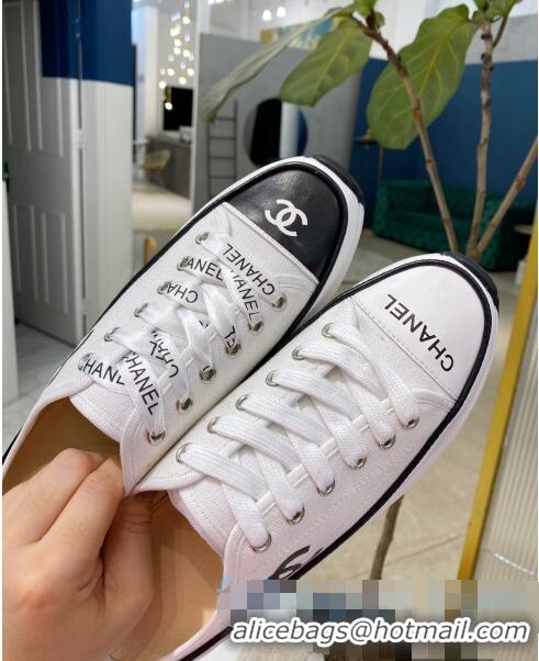 Wholesale Chanel Canvas Platform Open Back Sneakers Mules C0912 White 2020