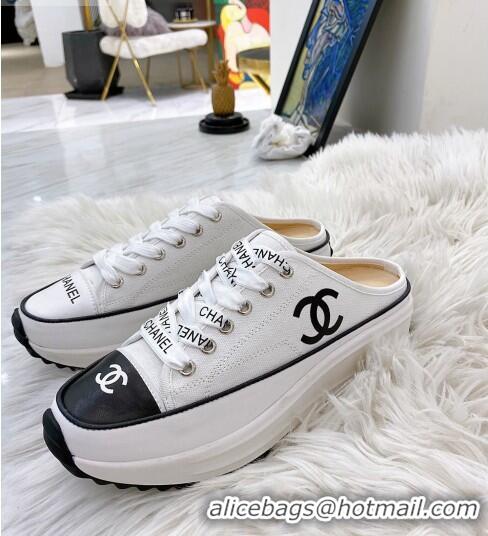 Wholesale Chanel Canvas Platform Open Back Sneakers Mules C0912 White 2020