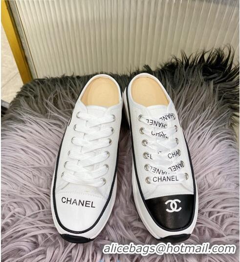 Wholesale Chanel Canvas Platform Open Back Sneakers Mules C0912 White 2020