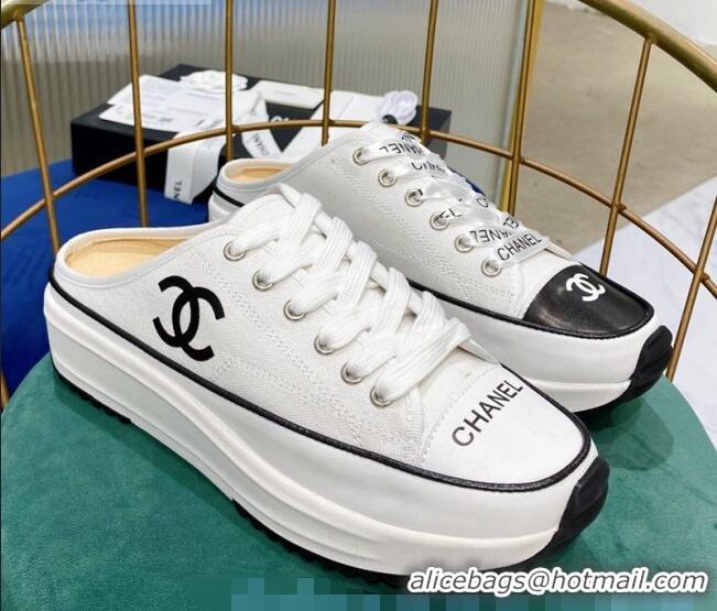 Wholesale Chanel Canvas Platform Open Back Sneakers Mules C0912 White 2020