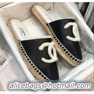 AAAAA Cheapest Chanel Lambskin Wool CC Espadrilles Mules C0914 Black 2020