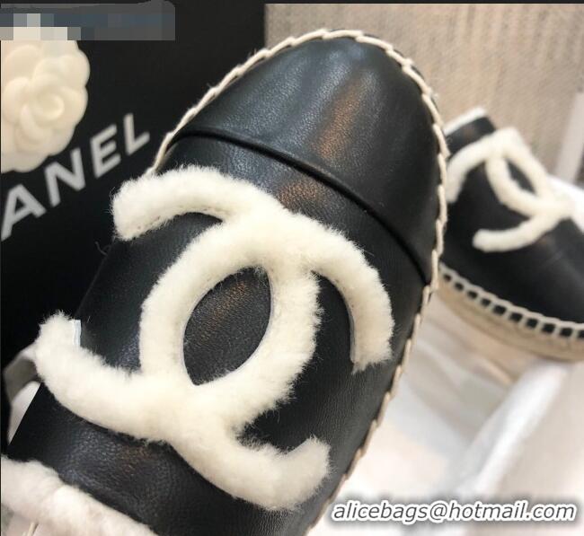 AAAAA Cheapest Chanel Lambskin Wool CC Espadrilles Mules C0914 Black 2020